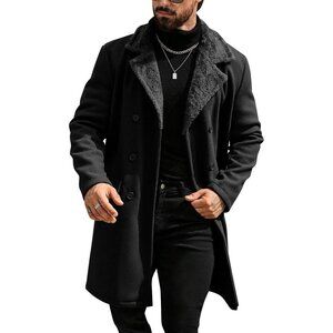 Men's Black Trench Coat Double Breasted Notched Collar Fleece Jacket Slim